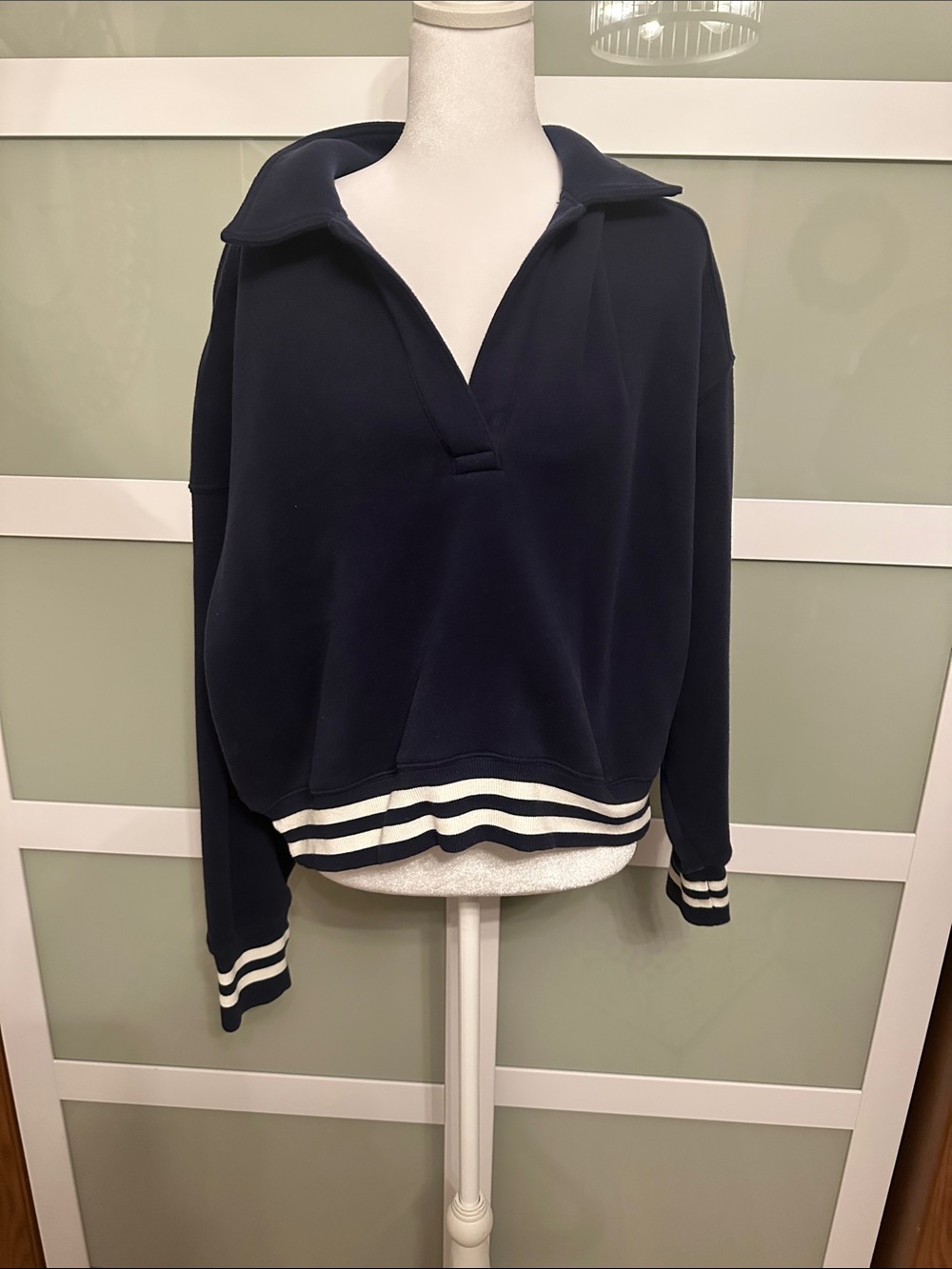 Navy V-Neck Pullover Sweater with Striped Hem Aerie/Offline - Picture 1 of 3
